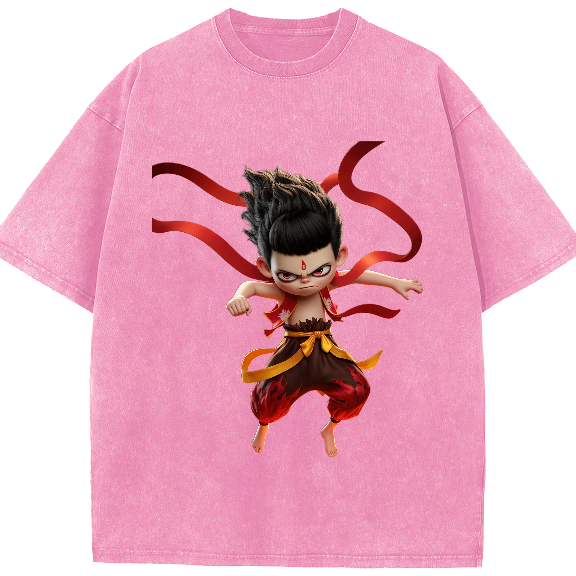 （画像用） Ne Zha 2 ナタ 魔童の大暴れ 綿100% ヴィンテージ風 半袖Tシャツ（フロントプリント）